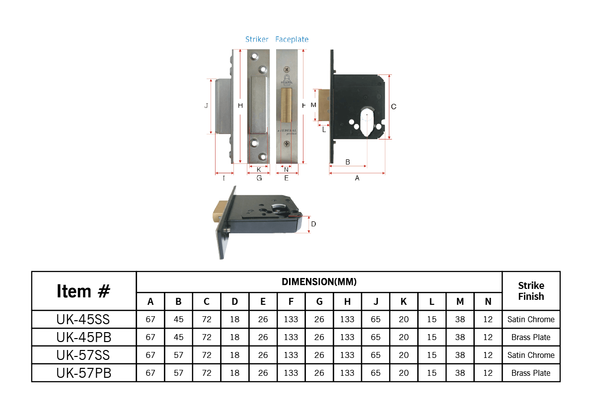Federal Lock Security Cylinder Mortise Lock UK45 / UK57
